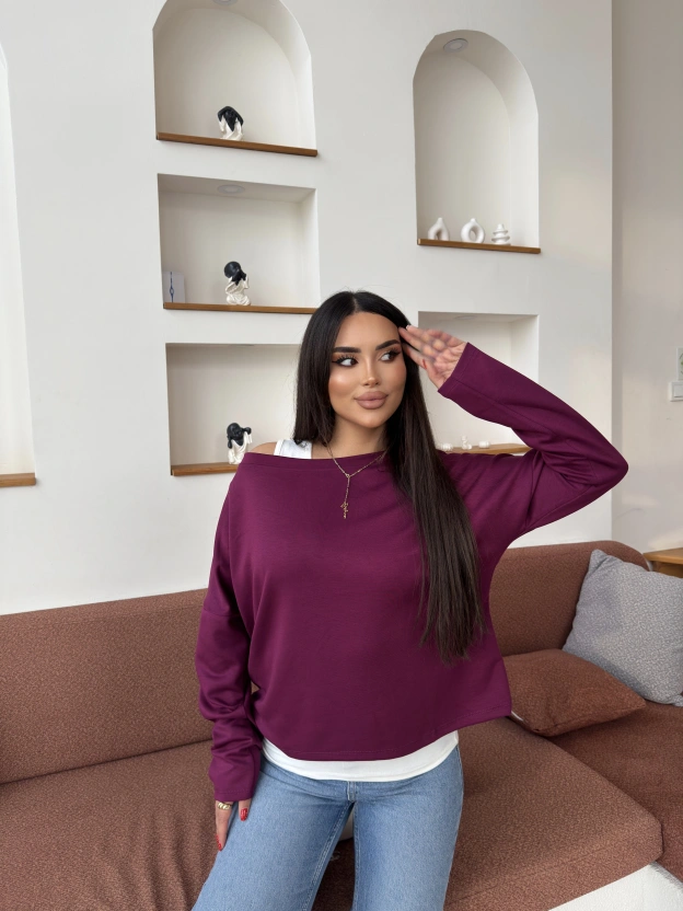 Mürdüm İkili Kayık Yaka Bluz Takım