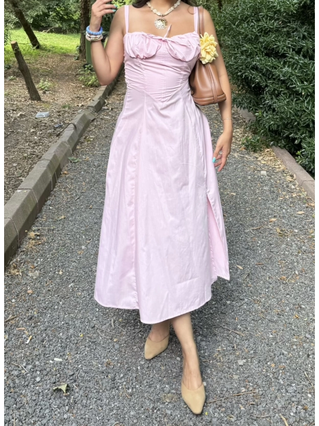 Pembe Askılı Korse Detay Uzun Elbise