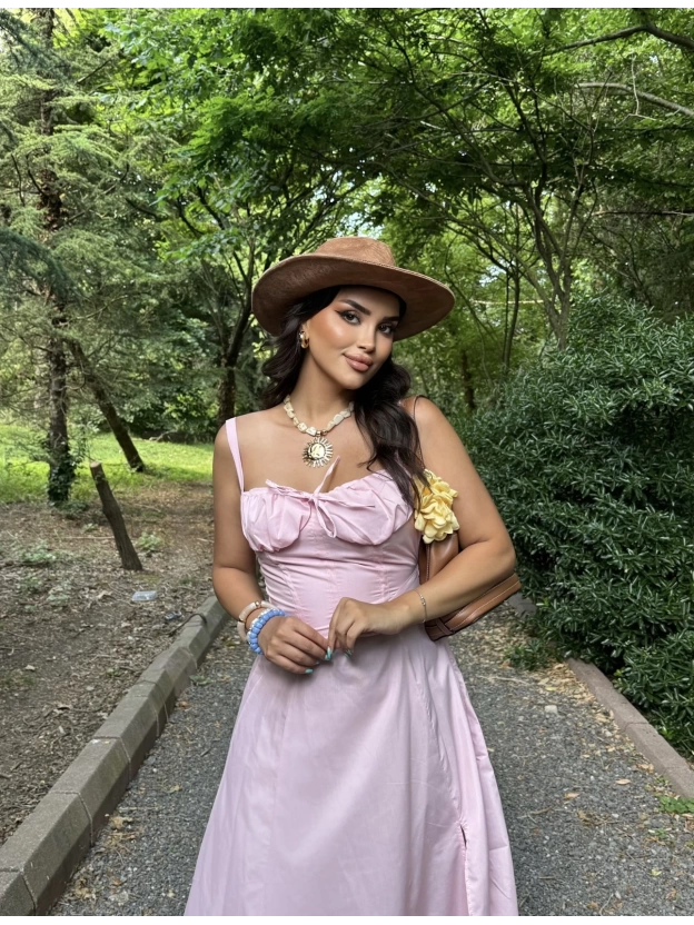 Pembe Askılı Korse Detay Uzun Elbise