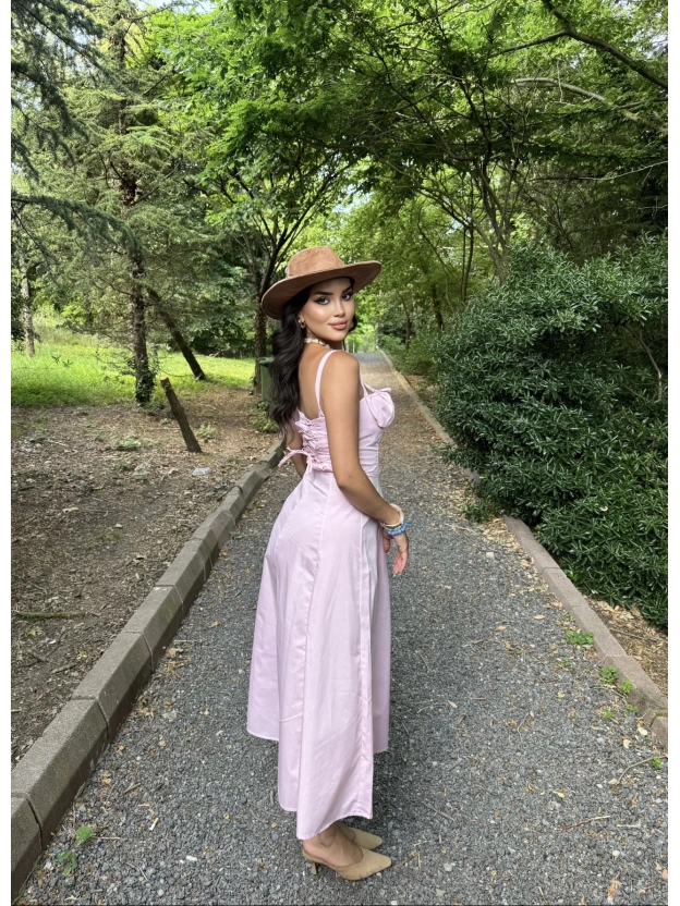Pembe Askılı Korse Detay Uzun Elbise