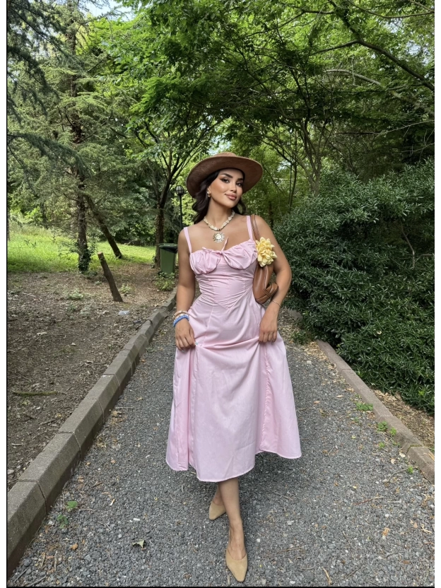 Pembe Askılı Korse Detay Uzun Elbise