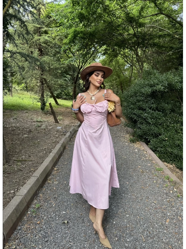 Pembe Askılı Korse Detay Uzun Elbise