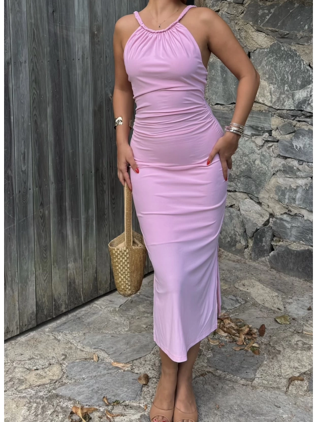 Pembe Halter Yaka Büzgülü Elbise