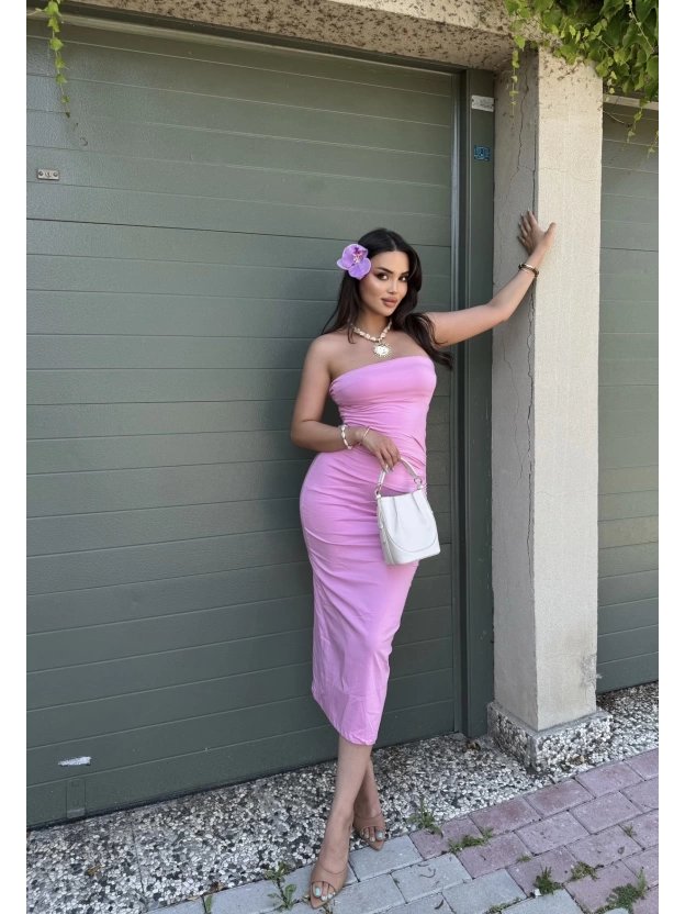 Pembe Straplez Yırtmaç Detay Uzun Elbise