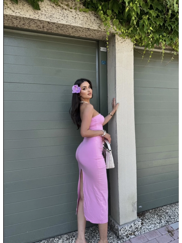 Pembe Straplez Yırtmaç Detay Uzun Elbise