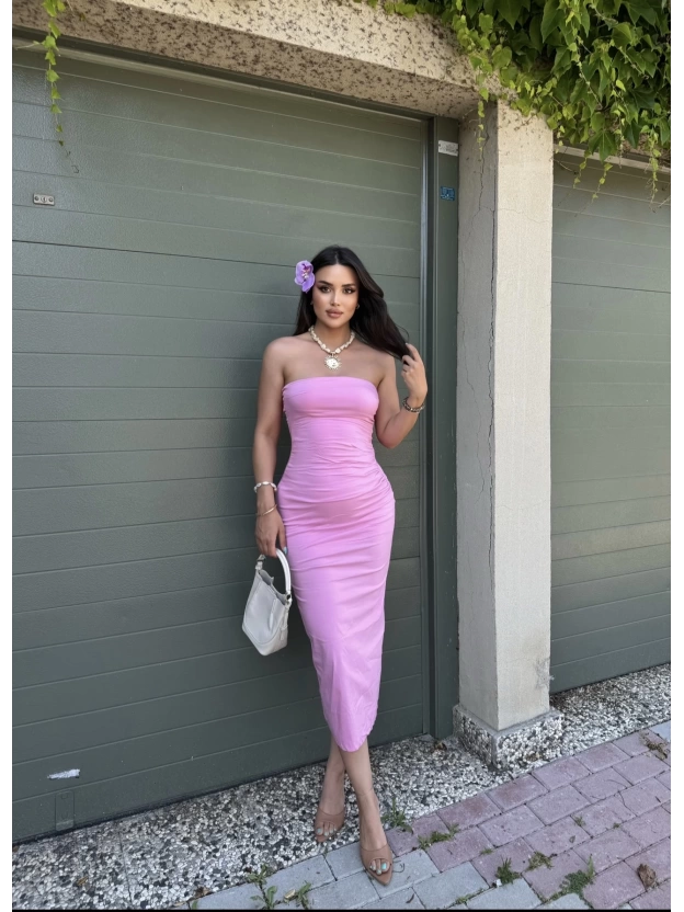 Pembe Straplez Yırtmaç Detay Uzun Elbise