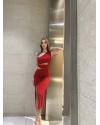 Kırmızı Bel Dekolteli Uzun Elbise
