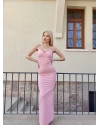Pembe Askılı Kurdele Detay Uzun Elbise