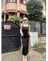 Siyah Kare Yaka Uzun Basic Elbise