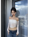 Beyaz Straplez Taşlı Crop
