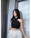 Siyah Keten Bağlamalı Crop