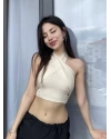 Bej Keten Bağlamalı Crop