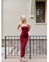 Bordo Straplez Yırtmaç Detay Uzun Elbise