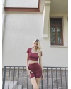 Bordo Kısa Kollu Tayt Takım