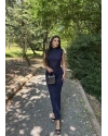 Lacivert Simli Yırtmaç Detay Uzun Elbise