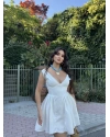 Beyaz Dantel Detay Cepli Elbise