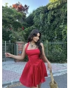 Kırmızı Boyundan Bağlamalı Saten Elbise
