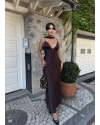 Kahverengi Sırt Detay Tasarım Saten Elbise