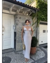 Gri Sırt Detay Tasarım Saten Elbise