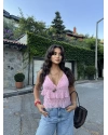 Pembe Boyundan Bağlamalı Dantel Detay Büstiyer