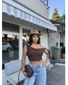 Kahverengi Tek Omuz Dantel Detay Crop