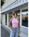 Pembe Boyundan Bağlamalı Sırt Detay Gofre Bluz