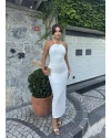 Beyaz Halter Yaka Aksesuarlı Elbise