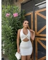 Beyaz Boyundan Geçirmeli Tokalı Mini Elbise