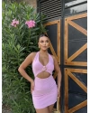Pembe Boyundan Geçirmeli Tokalı Mini Elbise