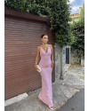Pembe Boyundan Bağlamalı Göğüs Büzgü Elbise