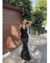 Siyah Boyundan Bağlamalı Göğüs Büzgü Elbise