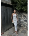 Beyaz Halter Yaka Büzgülü Elbise