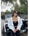 Beyaz Fermuarlı Oversize Hırka