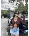 Kahverengi Düğme Detay Triko Bluz