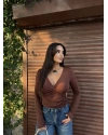 Kahverengi Kruvaze Yaka Aksesuar Detay Crop