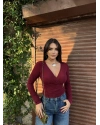 Bordo Kruvaze Yaka Aksesuar Detay Crop