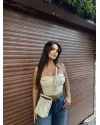 Bej Düğmeli Deri Strapelez Crop