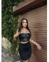 Siyah Düğmeli Deri Strapelez Crop