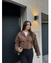 Kahverengi Düğme Detay Kemerli Crop Trençkot