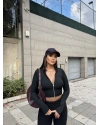 Siyah Çift Fermuarlı Crop Hırka