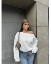 Beyaz Kayık Yaka Oversize Sweatshırt