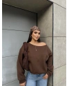 Kahverengi Kayık Yaka Oversize Sweatshirt