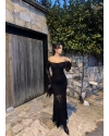 Siyah Dantelli Madonna Yaka Uzun Elbise