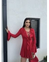 Kırmızı Fırfırlı İspanyol Kol Elbise