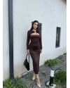 Kahverengi Göğüs Dekolteli Aksesuarlı Elbise
