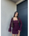 Bordo İspanyol Kol Crep Mini Elbise