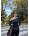 Siyah Tek Omuz Büzgülü Asimetrik Crop