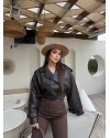 Kahverengi Crop Kemerli Deri Ceket