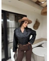 Siyah Crop Kemerli Deri Ceket
