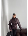 Bordo Kısa Suni Deri Dik Yaka Ceket